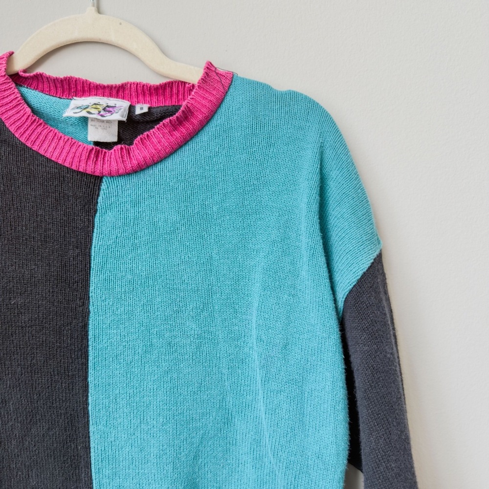 Eclectic Vintage 80's Teal Abstract Retro Cotton Colorblock Sweater Dress Size S - Picture 2 of 6